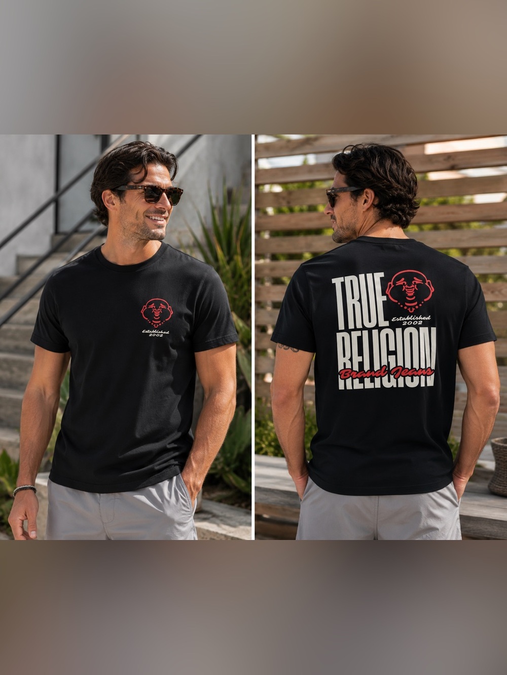 True Religion Black Tee with White Block Logo and Red Script Accents